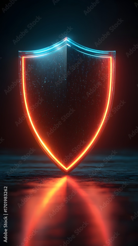 Poster cybersecurity shield illuminated shield design with a reflective surface and neon accents.