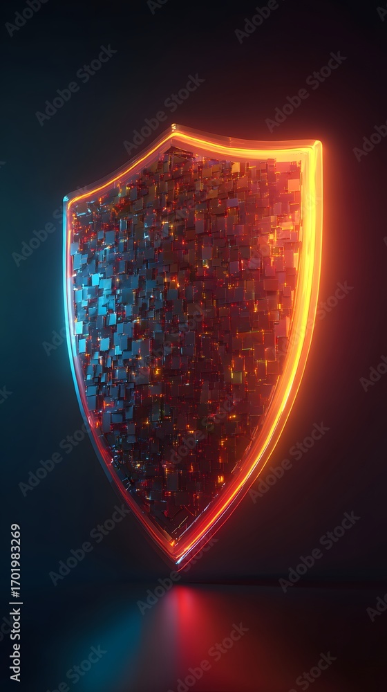 Poster cybersecurity shield glowing shield design with a digital texture in vibrant colors.