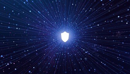 Glowing shield symbolizes digital security and protection against data threats in futuristic network.