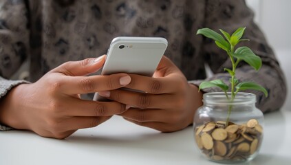 Hands typing on smartphone beside jar filled with coins and a growing plant symbolizing financial growth