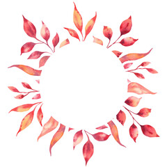 Watercolor autumn round frame with branches and leaves in warm colors. Hand-painted botanical border. Isolated on a white background. For fall design, invitations, greeting cards, posters, packaging.