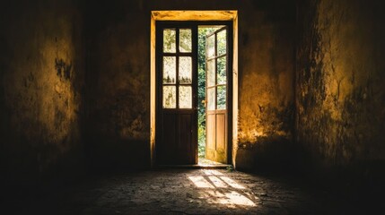 Obraz premium Sunlit doorway in a derelict room