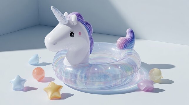 Inflatable unicorn swim ring with a rainbow mane placed on a light background, surrounded by colorful star shapes and small balls.