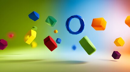 Abstract business optimization concept featuring floating geometric shapes on a smooth gradient background.