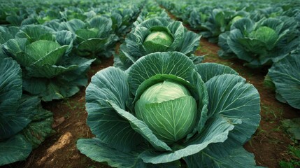 Obraz premium Large green cabbage heads growing in neat rows in an open field, sunlight casting soft shadows