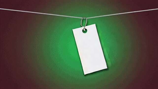 Blank white tag hanging on a wire, ready for customization and pricing.