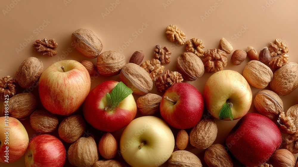 Poster colorful assortment of apples and nuts arranged on a smooth surface highlighting natural textures an