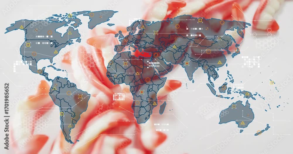 Aufkleber upon swirling red-white backdrop world map filling while yellow icons pulsing showing data hotspots