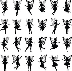 Collection of fairy silhouettes in various poses, magical winged girls, fantasy characters, whimsical dancers, enchanted figures, mystical fairies, magical silhouettes set