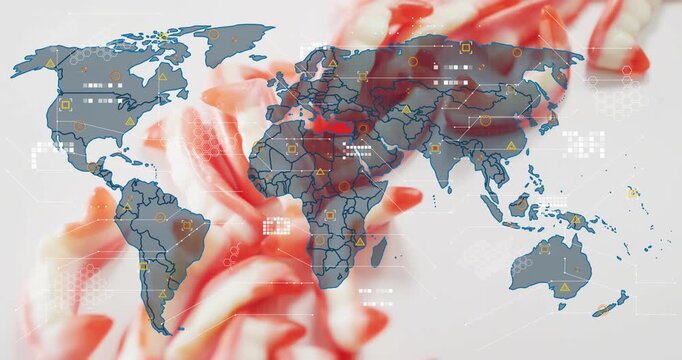 Upon swirling red-white backdrop world map filling while yellow icons pulsing showing data hotspots - Powered by Adobe