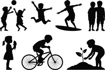 Children playing outdoors, kids silhouette activities, bike riding, surfing, planting tree, eating ice cream, friendship, fun, active childhood moments