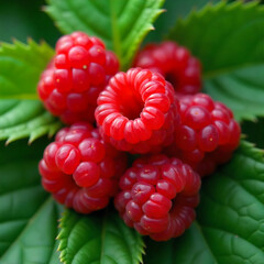 Ripe Red Raspberries Nestled in Nature&rsquo;s Green Embrace