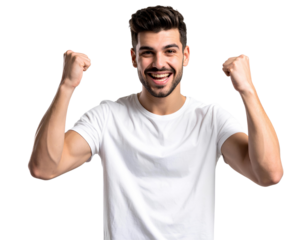 Young Caucasian man celebrating victory, isolated on a transparent background, PNG