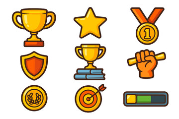 Game achievement icon set for gamification. Vector cartoon awards and rewards for UI UX design. Trophy, medal, star, target, and progress bar for level up or mission complete.