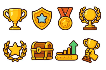 Gaming achievement awards icon set. Golden trophy cup, prize medal, winner shield, success laurel, and treasure chest. Game level up progress bar. Vector cartoon assets.