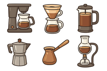 Vector set of coffee brewing methods. Cartoon illustration of coffee equipment: drip machine, pour-over, french press, moka pot, turkish cezve, and siphon brewer icons.