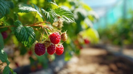 A raspberry plant with ripe red berries growing in a greenhouse.