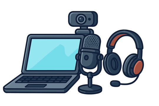 Home studio setup for content creator. Cartoon laptop, streaming mic, webcam, and gaming headset. Digital broadcast, podcast, vlogger, and online meeting equipment.