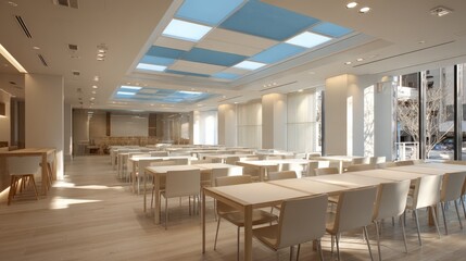 Bright contemporary multipurpose hall interior featuring minimalist tables, chairs, and modern ceiling panels, perfect for events