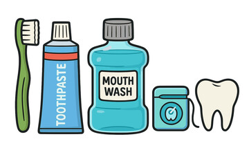 Oral hygiene essentials including toothbrush, toothpaste, mouthwash, dental floss, and healthy tooth. Dental care routine, oral health products, vector cartoon illustration on white background.
