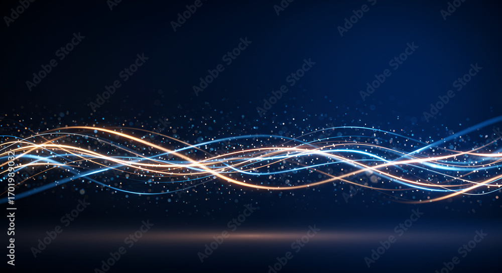Poster dynamic light trails with sparkling particles on a deep blue background