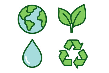 Environmental conservation symbols vector set with Earth globe, green leaves, water droplet, and recycling arrows icons, eco-friendly sustainability, green energy concepts illustration