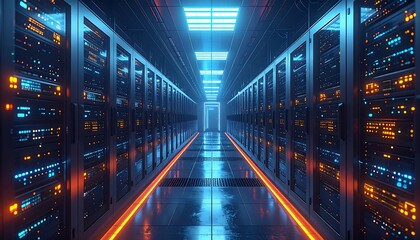 Obraz premium A futuristic server room interior is highlighted by vibrant neon lighting, showcasing rows of powerful server racks.