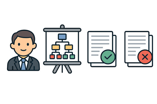 Business process visualization with compliance indicators and decision making, organizational chart, corporate management concept, approved and rejected reports, vector cartoon illustration
