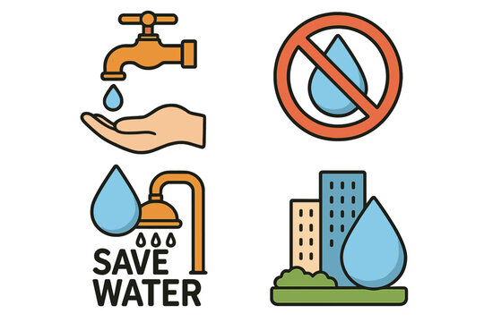 Water conservation symbols illustrating importance of reducing water wastage in daily activities across urban environments, save water concept, cartoon vector, ecology awareness
