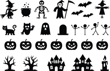 Halloween silhouette icons, witch flying, skeleton, grim reaper, bats, black cat, ghost, pumpkin faces, scarecrow, haunted house, spooky candle