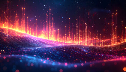 Digital Data Universe: A vibrant digital landscape bursts with energy, showcasing a complex network of data streams, glowing particles, and dynamic light waves.