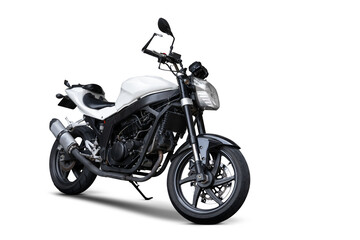 White Naked Motorcycle isolated on transparent Background - three quarter front view