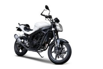 White Naked Motorcycle isolated on transparent Background - three quarter front view