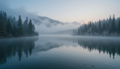 Fototapeta premium Misty Morning Serenity: A breathtaking landscape features a tranquil lake mirroring towering trees, shrouded in a soft morning fog, creating a captivating scene of natural beauty and stillness.