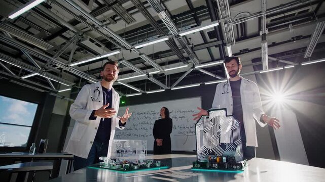 Two enthusiastic electronic engineers proudly present their innovative transparent motherboard prototype in a modern laboratory, highlighting its advanced features and potential applications
