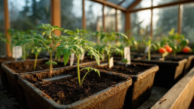 Young tomato seedlings in pots inside a greenhouse, symbolizing the start of a new season and care for nature. - Powered by Adobe