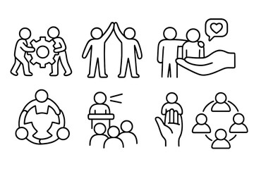 Teamwork and community icon set. Line art symbols for collaboration, support, partnership, and leadership. Vector icons for presentation, high five, help and social connection.