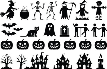 Halloween silhouette icons, witch, skeleton, pumpkin, ghost, haunted house, bat, cat, scarecrow, tombstone, spooky tree, candle, clipart