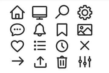 Minimalist universal icons set for user interface and web design. UI UX line symbols collection for apps. Home, search, settings, like, comment, notification, gallery, delete.