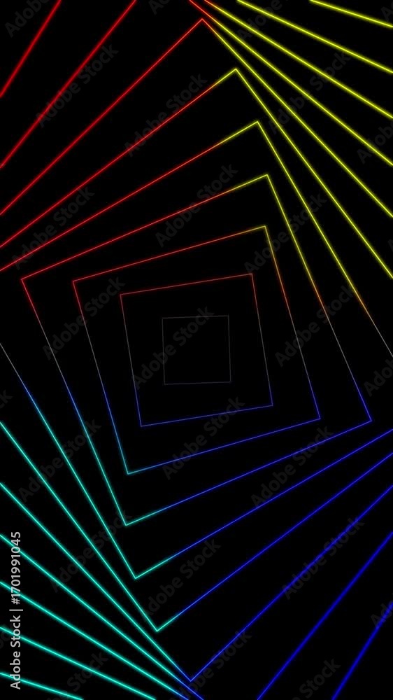 Poster abstract futuristic background with glowing neon rainbow lines creating a hypnotic geometric square 