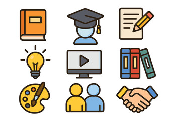 Education and creativity vector icon set. Simple icons for learning, collaboration, and business concepts. E-learning, graduation, knowledge, teamwork, art, and idea symbols.
