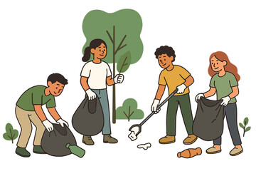 Community cleanup event. People volunteering in park. Team of volunteers cleaning nature. Environmental awareness, sustainability concept. Men, women picking up trash, garbage.