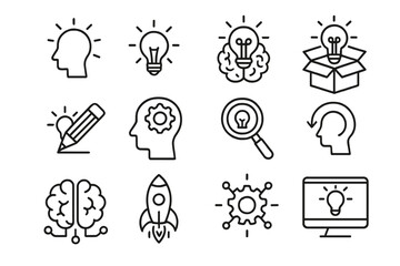 Creative thinking icon collection. Symbols of idea, innovation, and technology. Brainstorm, startup, and solution concepts. Vector line art for business and science projects.