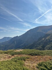 High mountain view in Bulgaria with blue sky, clouds and flying bird over rocky hills
