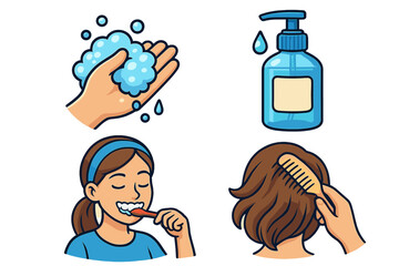 Personal care and daily hygiene routine icon set. Hand washing with soap foam. Girl brushing teeth. Combing hair. Sanitizer bottle. Vector cartoon health illustration.