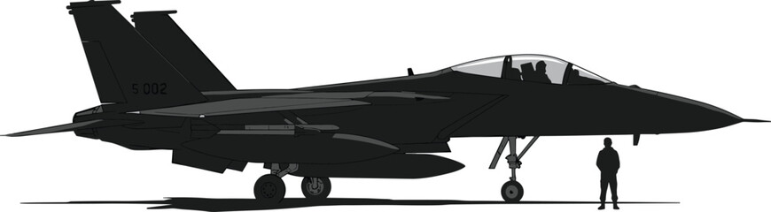 Military fighter jet silhouette, modern warplane illustration, combat aircraft vector, air force design, aviation technology artwork, pilot and airplane shadow graphic