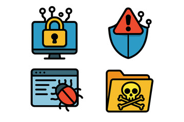 Cybersecurity icon set for data protection and web security. Vector concepts of internet safety, virus alert, malware threat, network firewall, bug detection and hacking.