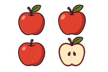 Red apple vector illustration set. Cartoon fruit icon collection. Whole and sliced half apple with leaf and seed. Simple flat design for healthy food, fresh juice concepts.