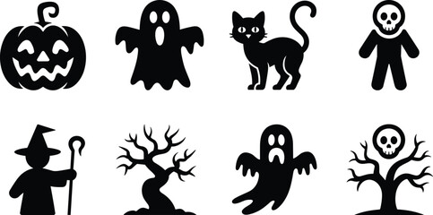 Halloween silhouettes of pumpkin, ghost, black cat, skeleton, witch, haunted tree, spooky elements, perfect for decorations, party, vector icons