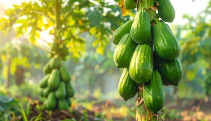Lush green papayas hang heavy from a strong papaya tree in a vibrant tropical orchard.